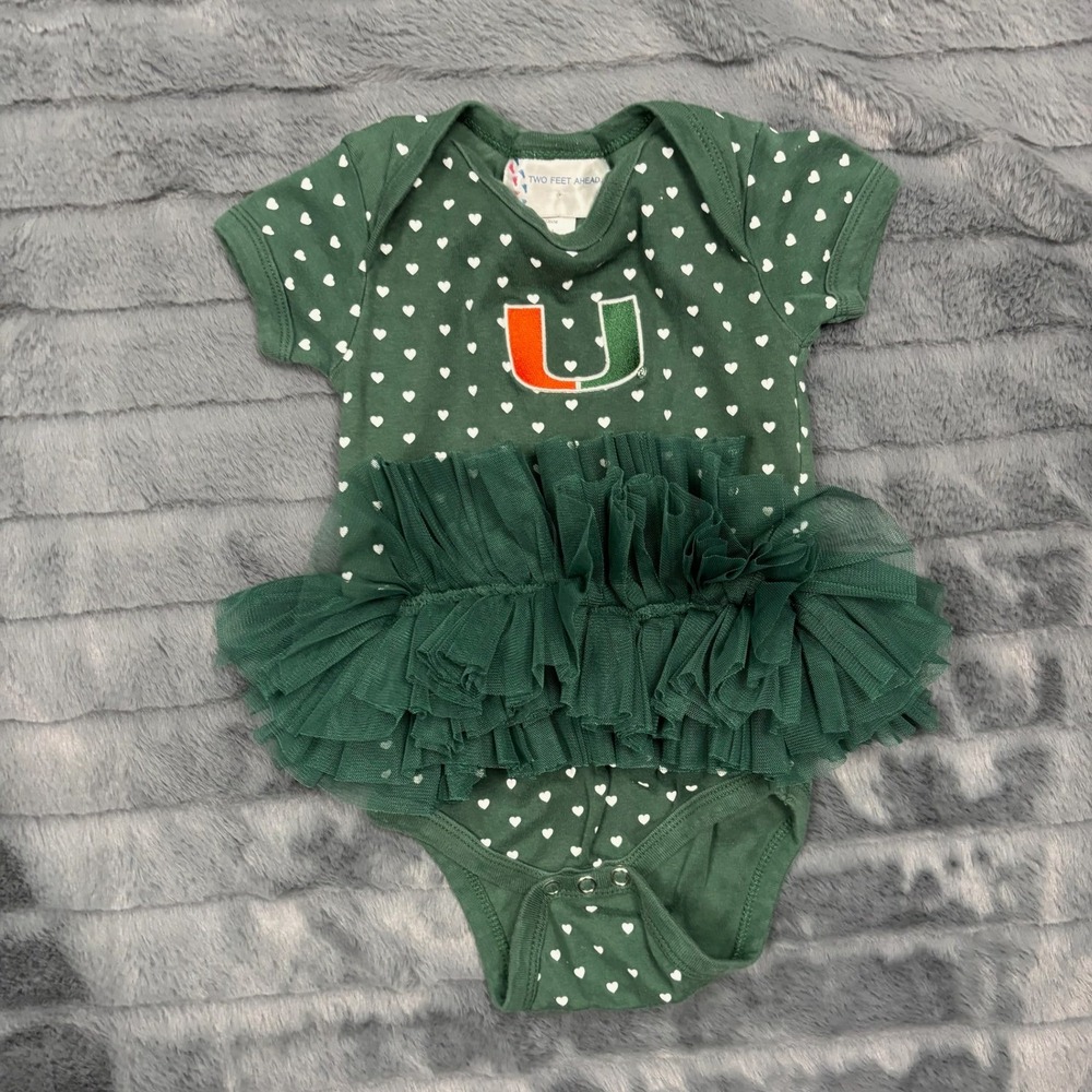 Two Feet Ahead Miami Hurricanes Tutu Bodysuit Green Heart Print 12M AHCG 245H19